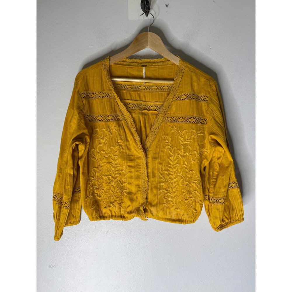 Free People Mustard Yellow Embroidered Lace Crop Blouse Top Medium Boho Cotton
